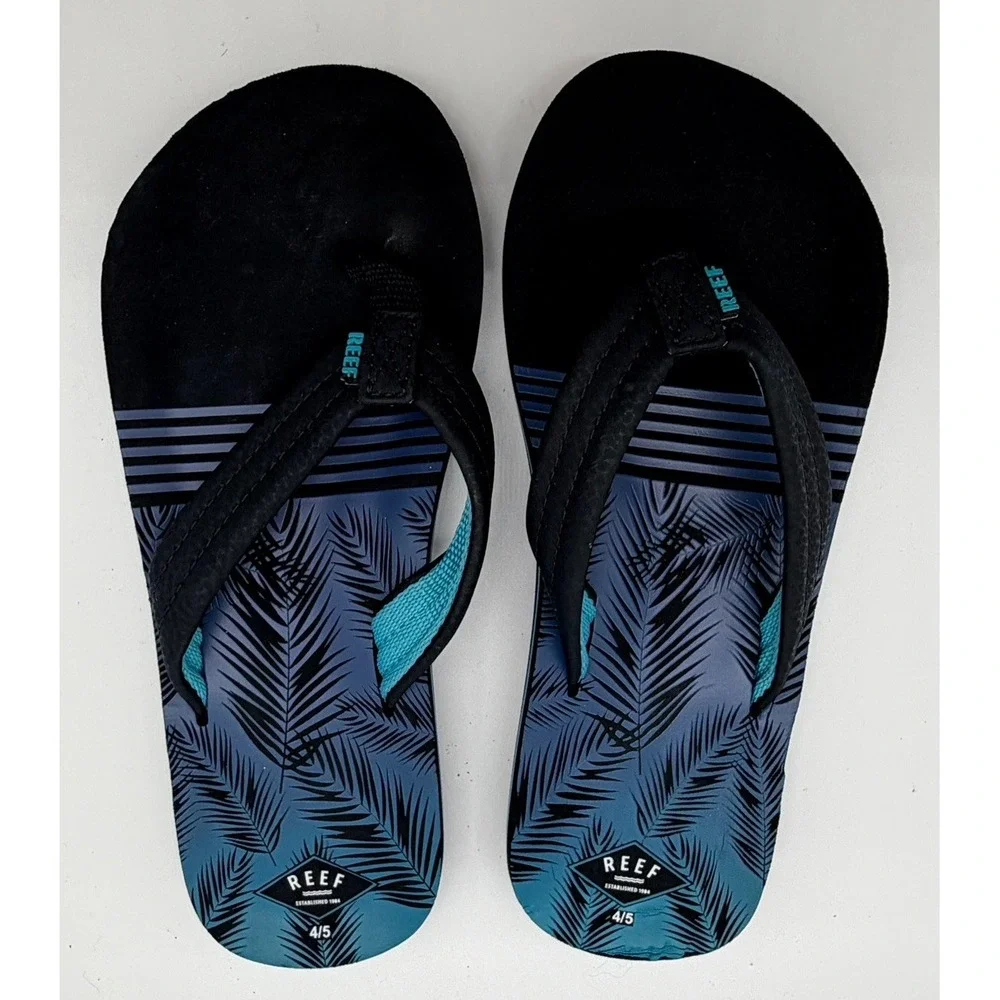 Reef Flip Flop Sandals Unisex Kids 4/5 Black & Blue Palm Leaf